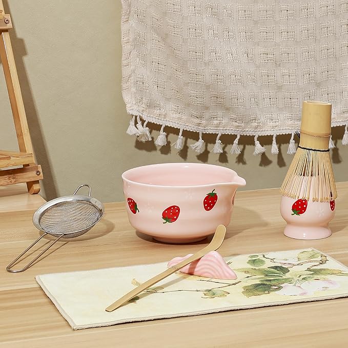 Koythin 7-Piece Ceramic Matcha Whisk Set, Adorable Strawberry Bowls Set with Whisk Holder Scoop Towel, Aesthetic Matcha Bowl Set for Ceremony (Pink)