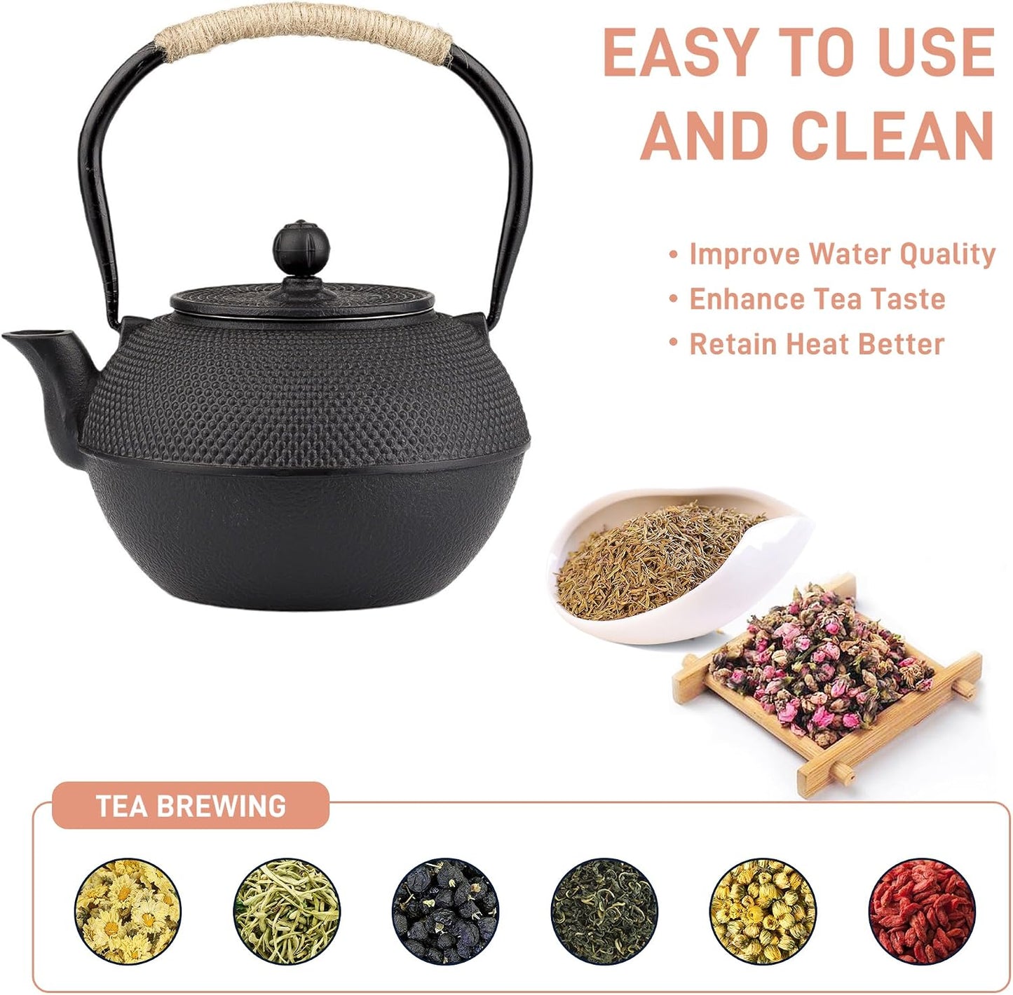 40oz Cast Iron Tea Kettle for Stovetop, Black Teapot with Infuser | Tea Pot with Strainer for Loose Tea, Small and Heavy, Japanese Tetsubin, Enameled Interior, Suitable for Induction Cooker