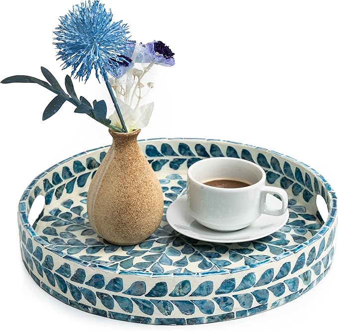 Claynix Serving Tray 12.5 Inch, Lacquer Mother of Pearl Inlay Mosaic Tray, Round Wooden Marble Tray with Handles Trays for Tea, Breakfast (Leaf Style)