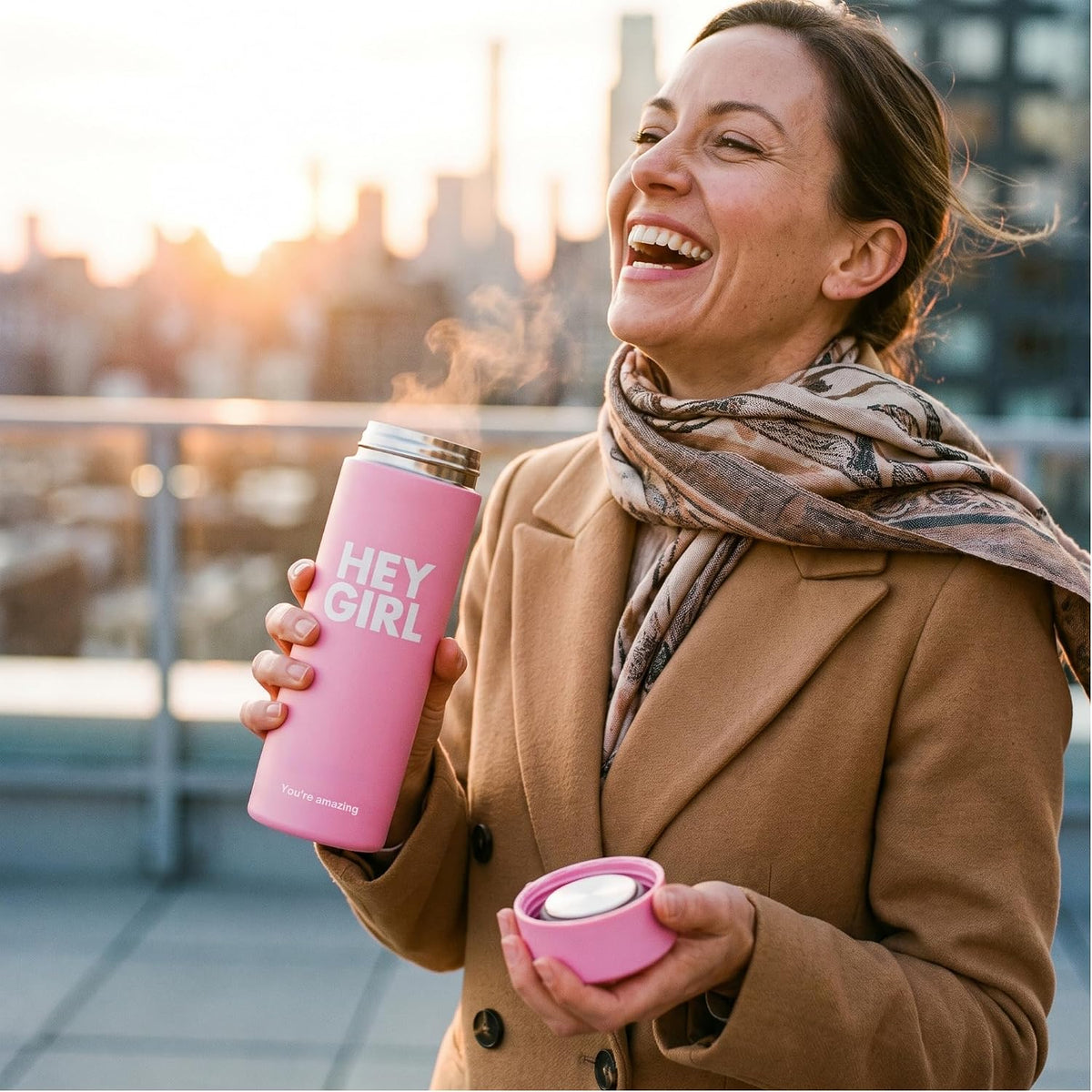 Hey Girl Tea Infuser Bottle 450ml - Insulated Stainless Steel Water Bottle - Tea Tumbler with Tea Diffuser - Portable Travel Mug for Loose Leaf Tea &amp; Infused Water - Tea Lovers Gifts for Women (Pink)