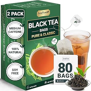 LeafLea 80 Black Tea Bags, Premium Black Tea Leaves, Rich Bright and Firmly Astringent, Promotes Digestive Comfort & Steady Alertness, Caffeinated, Sugar-Free, Vegan, Enjoy Hot or Iced