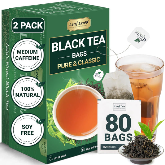 LeafLea Premium Black Tea Bags, Rich Robust Loose-Leaf Style Brew, 80 Count | Smooth Naturally Caffeinated Cup, Bright Malty Body, Hot or Iced; Sugar-Free, Vegan; Foil-Sealed Freshness