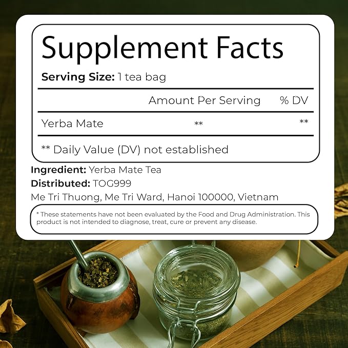 TOG999, 60 Tea Bags Yerba Mate, Hi-Caffeine, Unsmoked Yerba Mate Tea Bags, Super-Green Yerba Mate, No Dust, Fresh - Never Aged (Ilex Paraguariensis), Cultivated from Argentina - Rich in Antioxidants and Plant Nutrients.