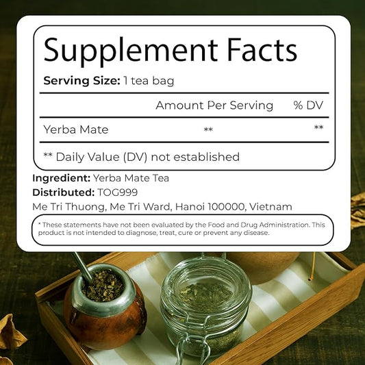 TOG999, 60 Tea Bags Yerba Mate, Hi-Caffeine, Unsmoked Yerba Mate Tea Bags, Super-Green Yerba Mate, No Dust, Fresh - Never Aged (Ilex Paraguariensis), Cultivated from Argentina - Rich in Antioxidants and Plant Nutrients.