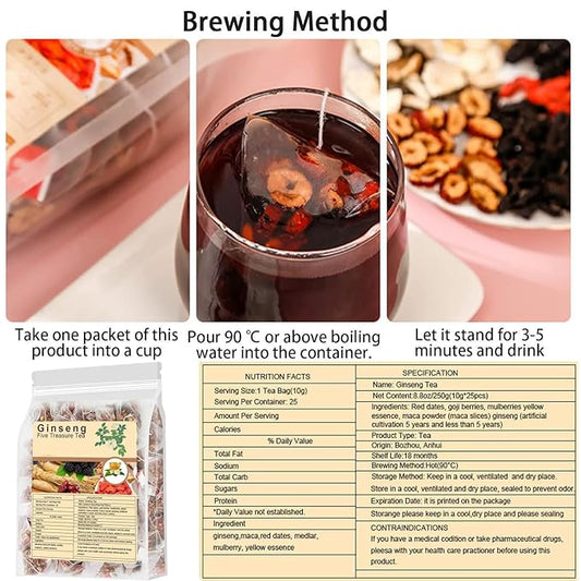 Kidney Herbal Tea Formula Ginseng Six Treasure Tea - Natural Chinese Traditional Herbal Ginseng Five Treasures Teabag For Men Women (A-10g x 50 Count)