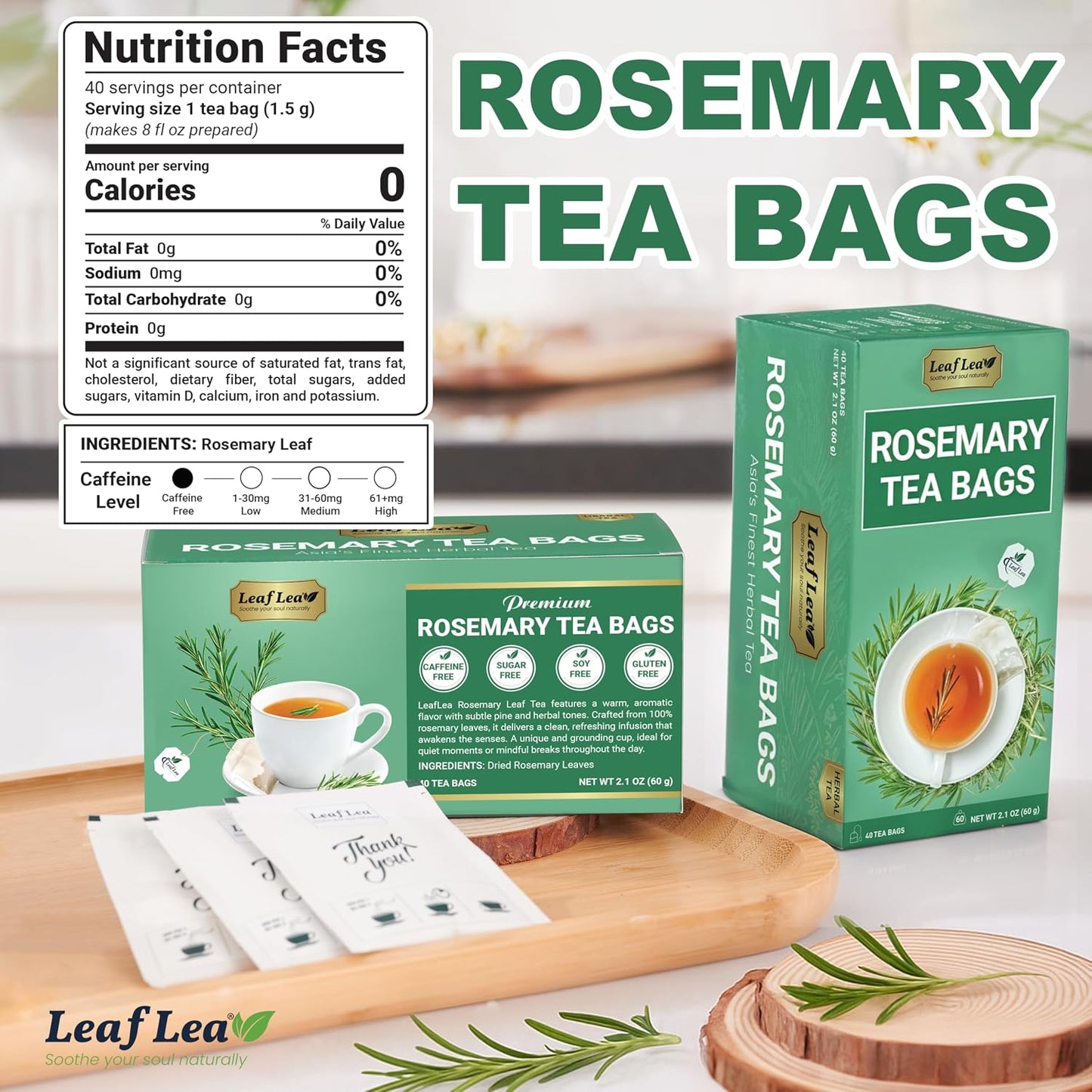 LeafLea Rosemary Tea Bags, Single-Ingredient Rosemary Leaf Tea, 80 Count