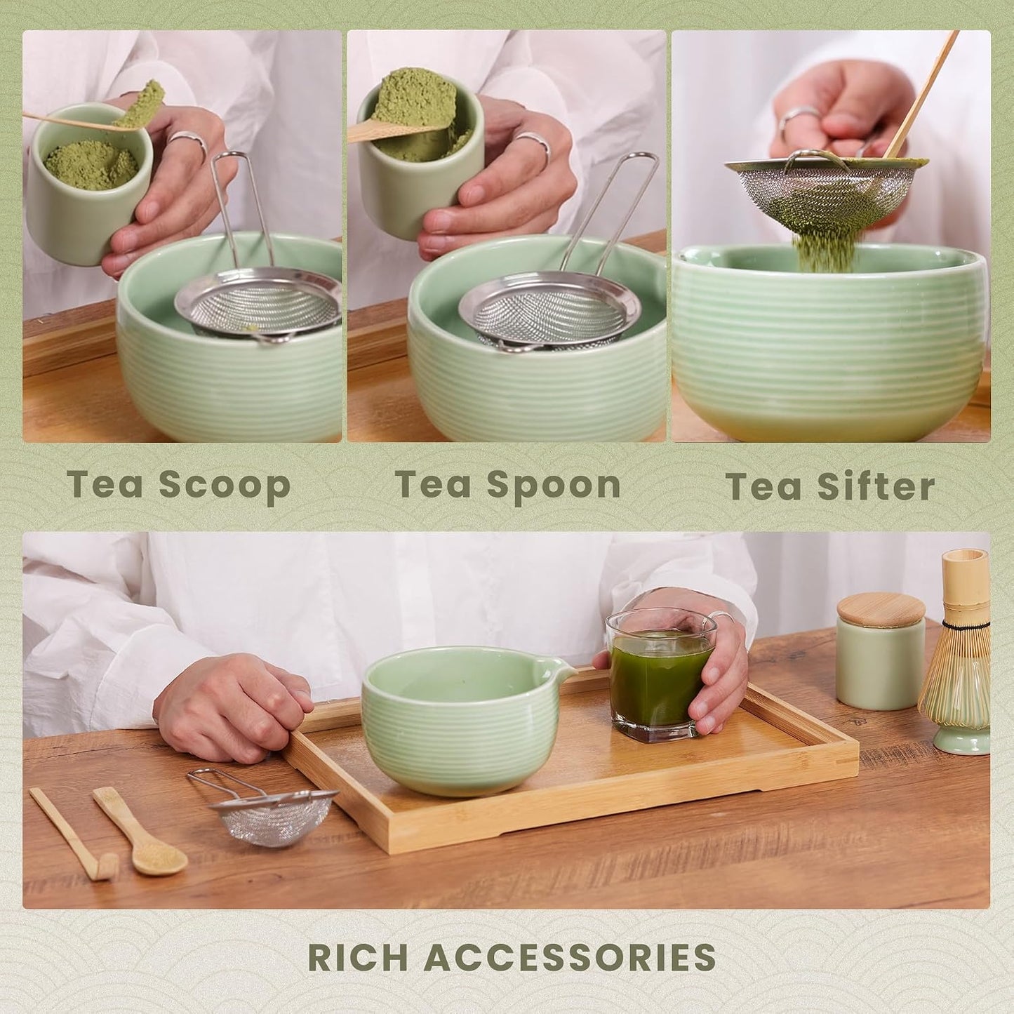 Matcha Whisk Set Matcha Bowl with Spout,Matcha Whisk with Matcha Whisk Holder,Matcha Sifter,Matcha Spoon and Scoop for Matcha Maker White, Normal, ZYMC-6Pcs01-White