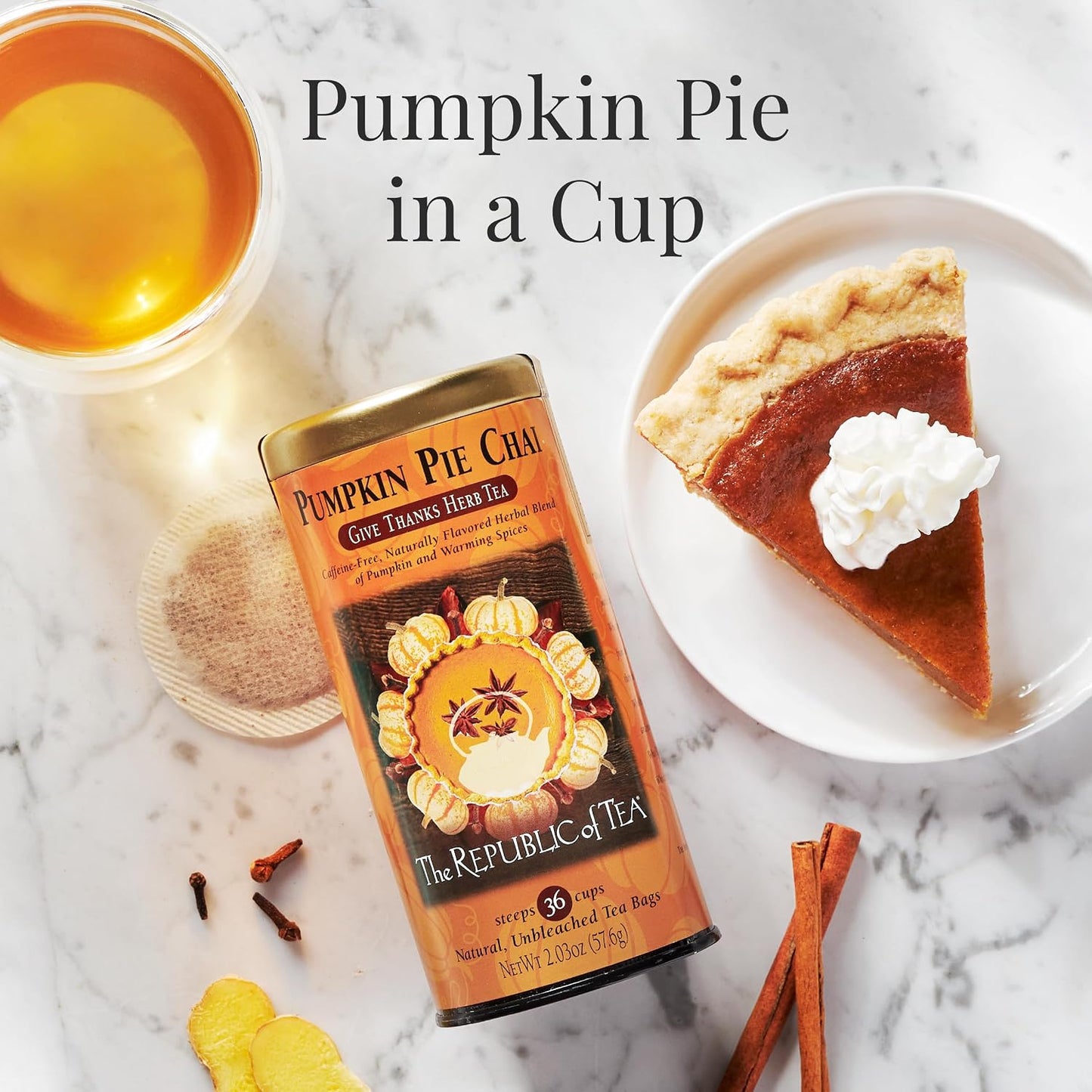 The Republic of Tea Pumpkin Pie Chai Herbal Tea, 36 Count | Caffeine free. Herbal chai with notes of pumpkin, cinnamon, nutmeg and clove. Enjoy hot or over ice.