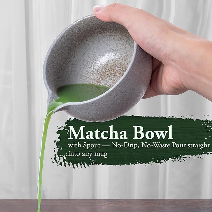 Stone-Texture Gray Matcha Whisk Set with Pouring Spout – Japanese Matcha Kit with Handcrafted Ceramic Bowl, Bamboo Whisk, Scoop