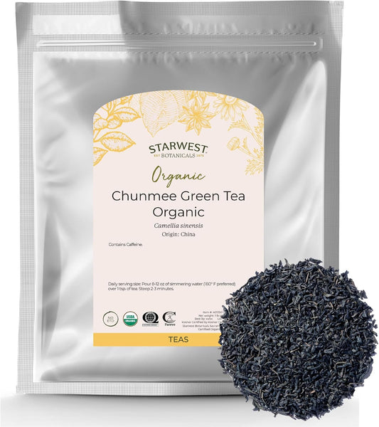 Starwest Botanicals Organic Chunmee Green Tea, Pan Fried Leaves - 1 lb Bag | Loose Leaf Green Tea, Bulk Pack, Caffeinated, Sweet Flavor, Certified Kosher, Non-GMO