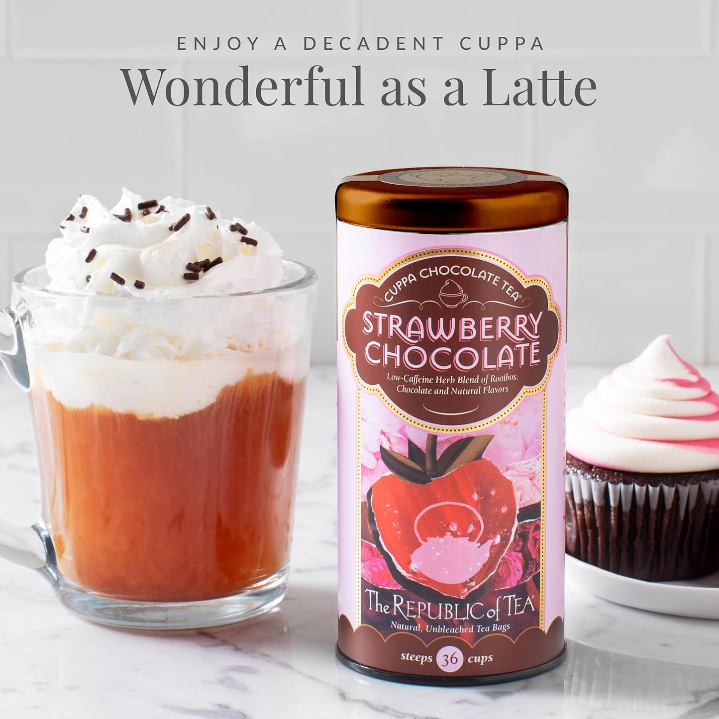 The Republic of Tea Cuppa Chocolate Strawberry Herbal Tea, 36 Count | Low Caffeine. A gentle cup for everyday sipping. Mellow rooibos with notes of soft vanilla and cocoa richness.