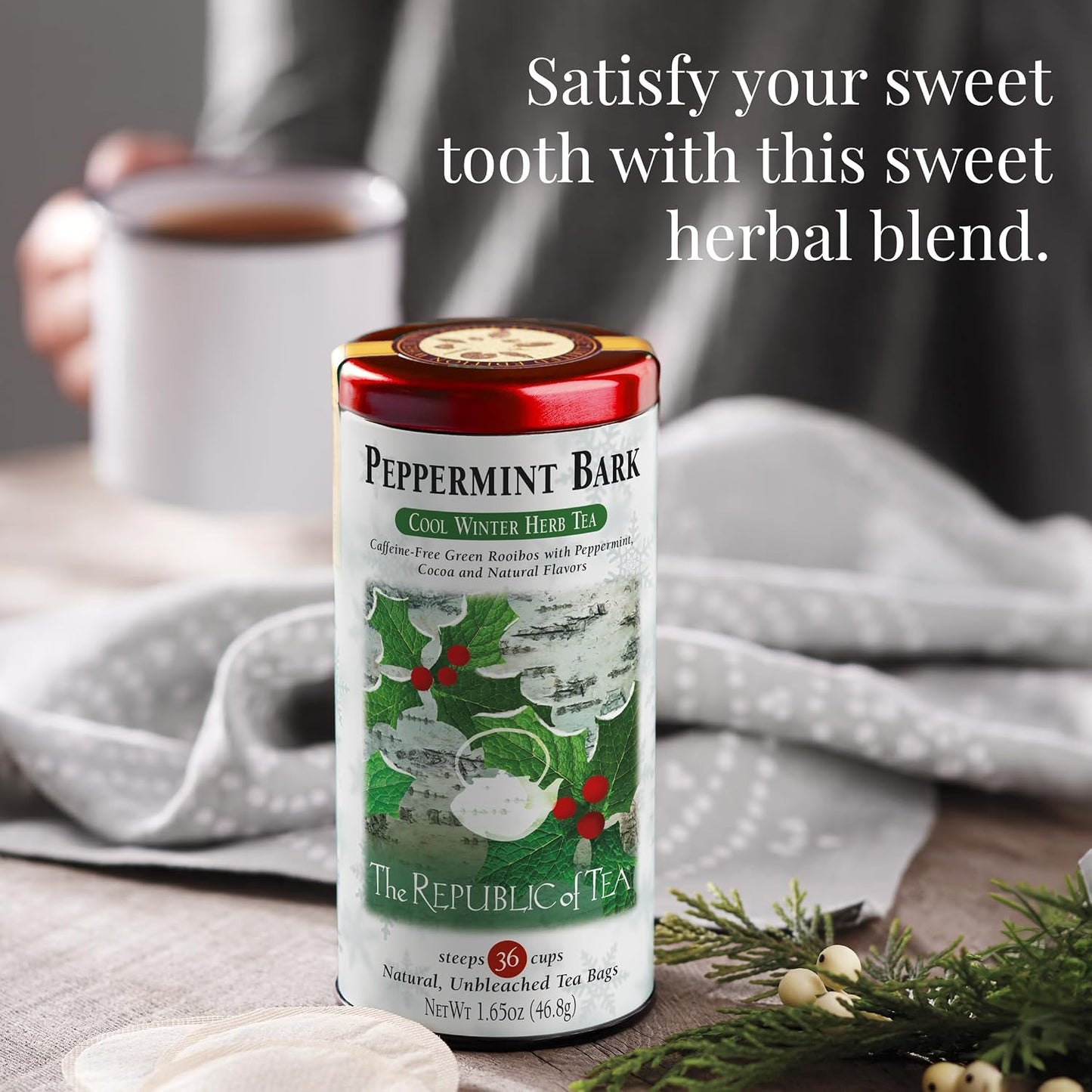 The Republic of Tea Peppermint Bark Herbal Tea, Caffeine Free, 36 Count | Suitable for day or evening sipping. Mellow and rounded with cool finish. Gluten Free and Kosher.