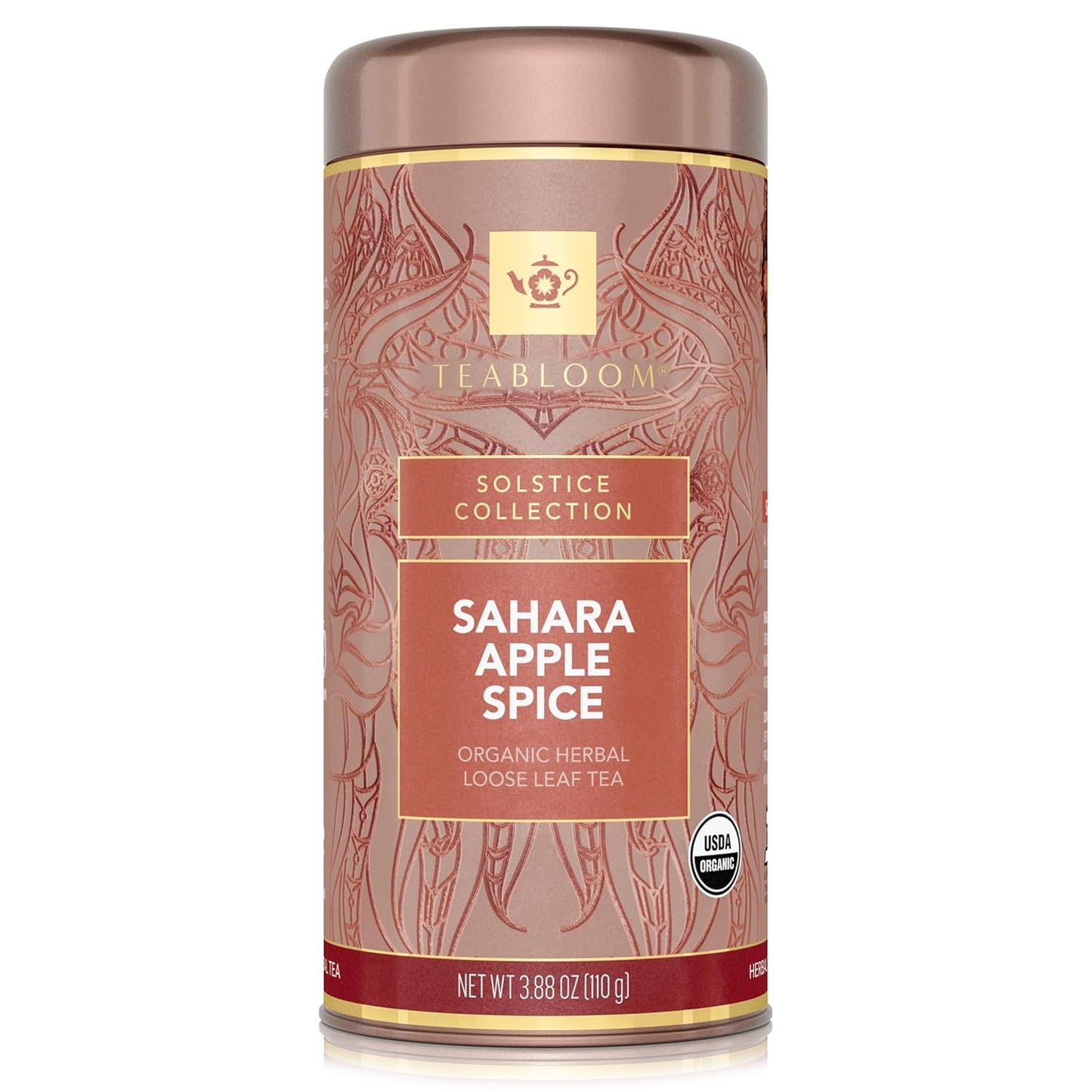 Teabloom Organic Herbal Tea, Sahara Apple Spice Loose Leaf Tea, Warm and Sweet Rooibos with No-Caffeine, Certified Organic, Fresh Whole Leaf Blend in Reusable Gift Canister, 3.88 oz/110 g Canister Makes 35-50 Cups