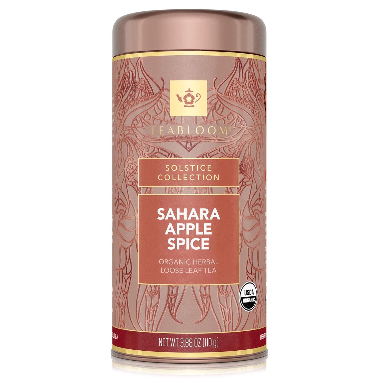 Teabloom Organic Herbal Tea, Sahara Apple Spice Loose Leaf Tea, Warm and Sweet Rooibos with No-Caffeine, Certified Organic, Fresh Whole Leaf Blend in Reusable Gift Canister, 3.88 oz/110 g Canister Makes 35-50 Cups