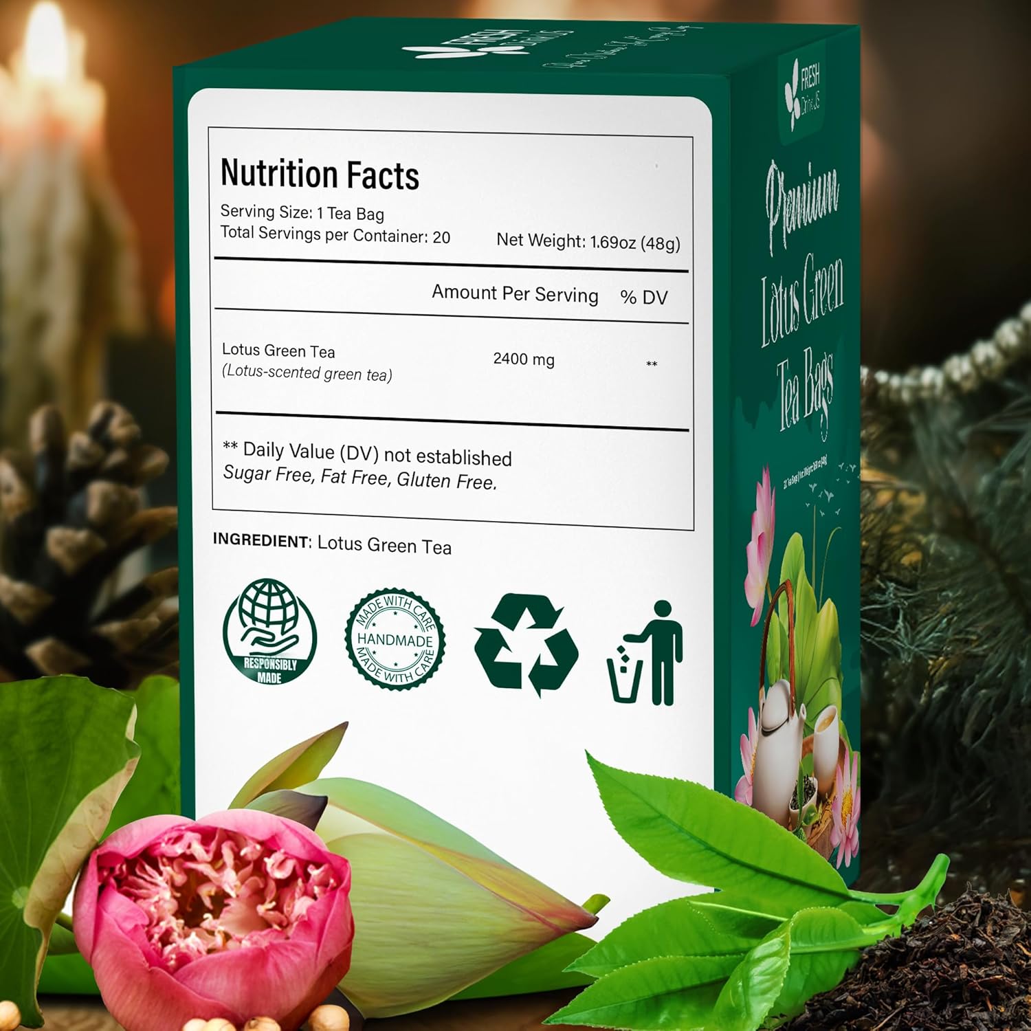 FreshDrinkUS, Premium 20 Tea Bags of Lotus Green Tea, 100% Natural. Exquisite Flavor, Handpicked Leaves, Perfect for Tea Lovers. No Sugar, No Gluten, Vegan.