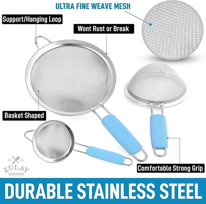 Zulay Kitchen Premium Stainless Steel Fine Mesh Strainer Set - Strainers For Kitchen (Set of 3) With Non-Slip Handles - Includes A Small, Medium & Large Fine Mesh Sieve Set - Durable Metal Strainer