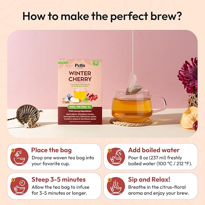 Winter Cherry Ashwagandha Herbal Tea – With Strawberry, Cranberry, Apple, Elderflower, Cornflower – Vegan, Kosher, Caffeine-Free – Hot or Iced Tea Bags – Adaptogenic & Immune Health Support (25 Count)