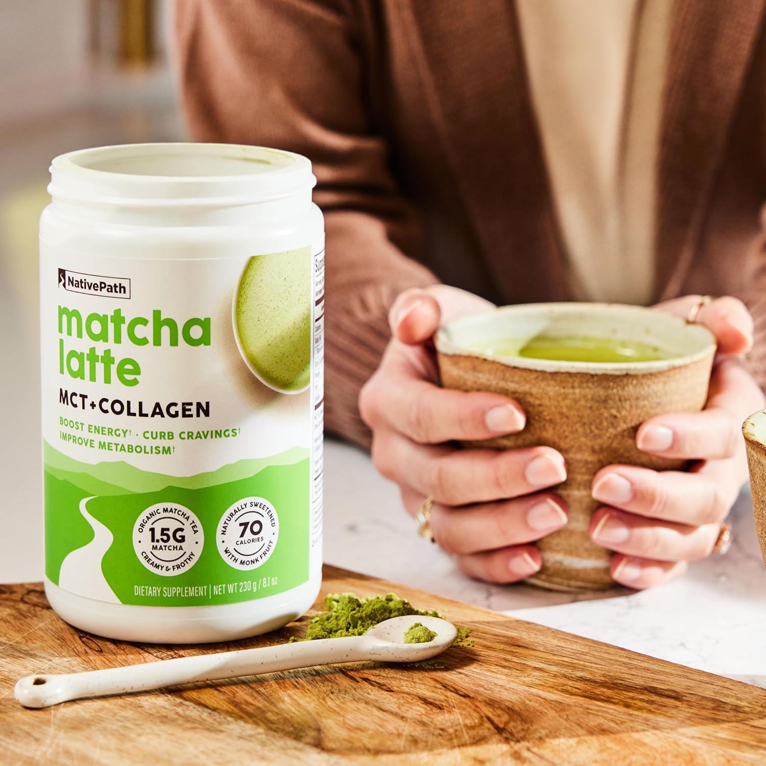 NativePath Matcha Latte Collagen Peptides with MCT Oil - Grass-Fed Collagen & Organic Matcha for Energy & Focus - Keto, No Gluten or Dairy (8.1 oz)