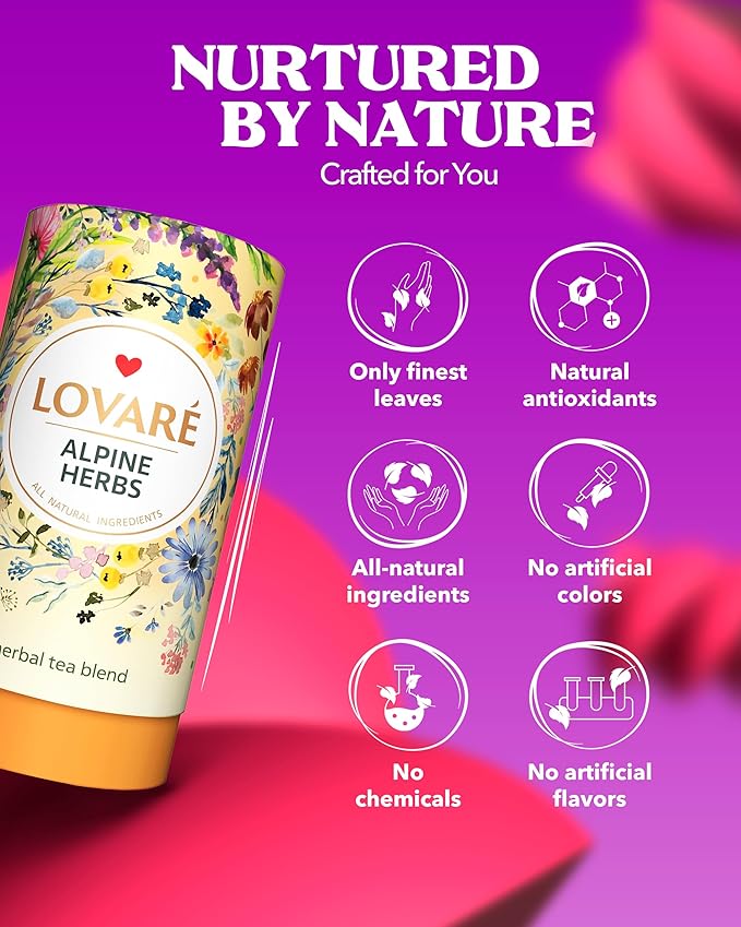 Lovare Alpine Herbs Loose Leaf Tea 80 g - Made in Ukraine – Herbal tea blend, Lemongrass, Chamomile Flowers, Rose Hips, Orange Peel and Blossom