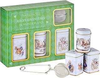 New English Teas Loose Leaf Tea & Infuser Gift Set – 3 Alice in Wonderland Tins with Breakfast, Earl Grey & Afternoon Blends with Loose Tea Infuser