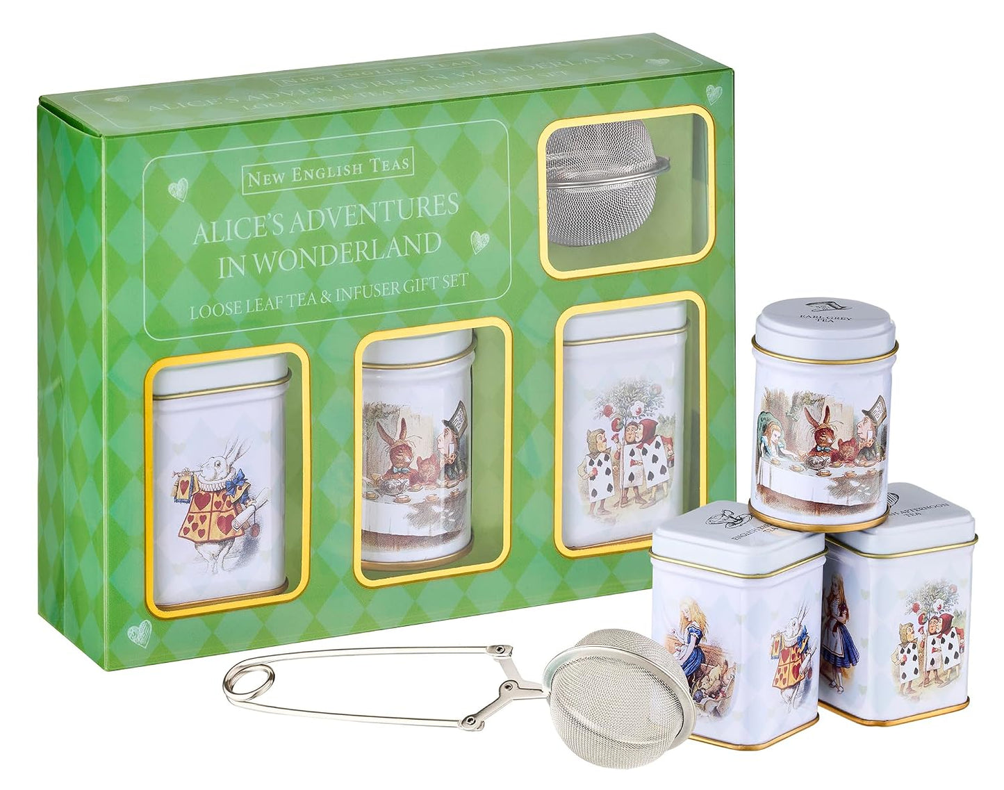 New English Teas Alice in Wonderland Tea Infuser Set 2.5 oz Loose Leaf Tea | Black Tea, English Breakfast, Earl Grey + Infuser Included, Gifts for Tea Lovers