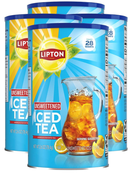Lipton Unsweetened Iced Tea Mix, Sugar-Free Black Tea, 28 Quarts Each (Pack of 4), Made from Real Tea Leaves, Instant Cold Brew, Zero Calories, 112 Quarts Total