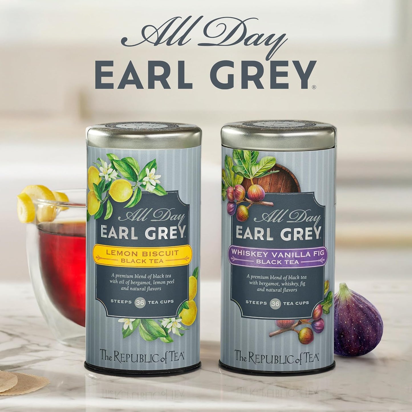 The Republic of Tea All Day Earl Grey Whiskey Vanilla Fig Black Tea, 36 Ct | Naturally Caffeinated. Made for morning or afternoon. Brisk and full-bodied with notes of lively citrus and bright bergamot.