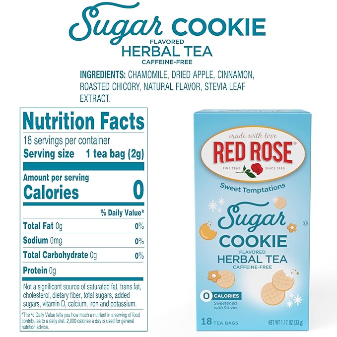 Red Rose Sweet Temptations Dessert Tea Sugar Cookie, Zero Carbs, Zero Sugar Bursting with Flavor Caffeine-Free Delicious Beverage Herbal Tea, 18 Count of Fruit Naturally Flavored Herbal Tea