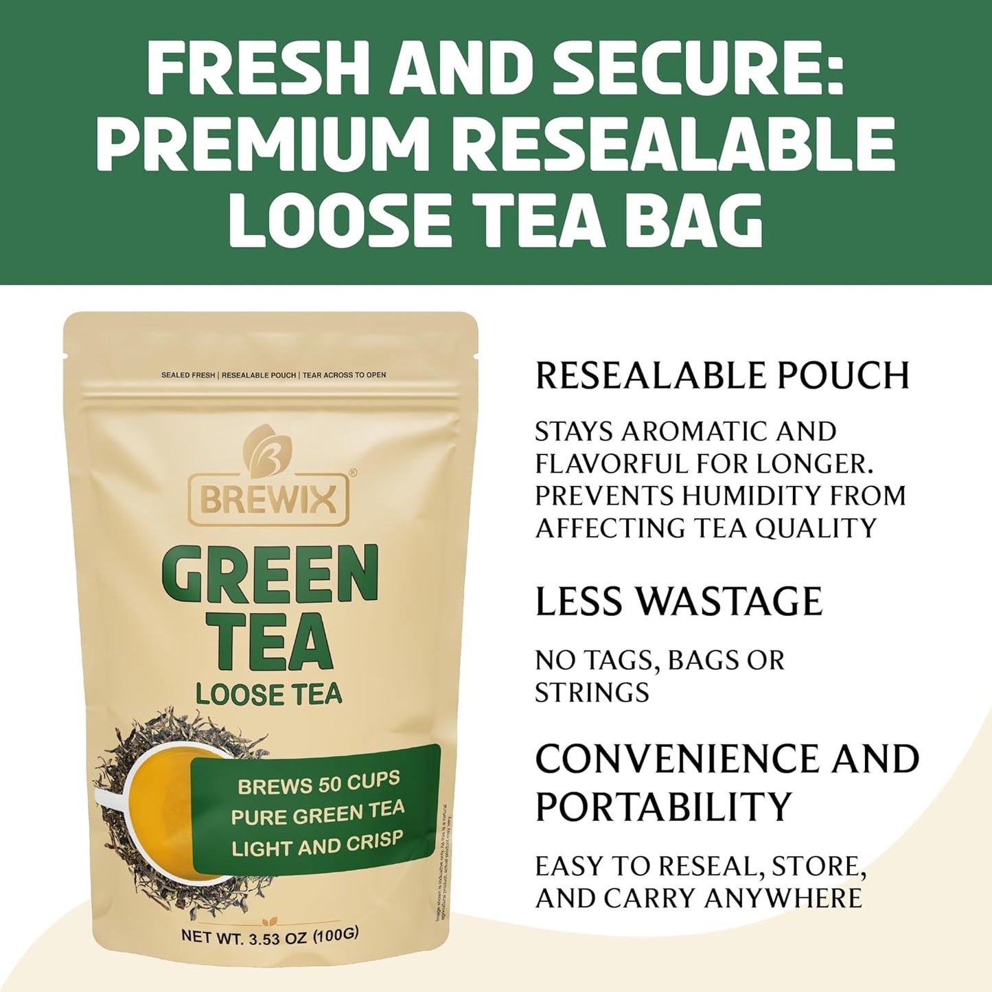 BREWIX, Green Tea Loose Leaf (50+ Cups, 3.53oz/100g) Gluten Free I High Elevation Grown Green Tea Leaves | Pure Single Origin Sourced Direct from India