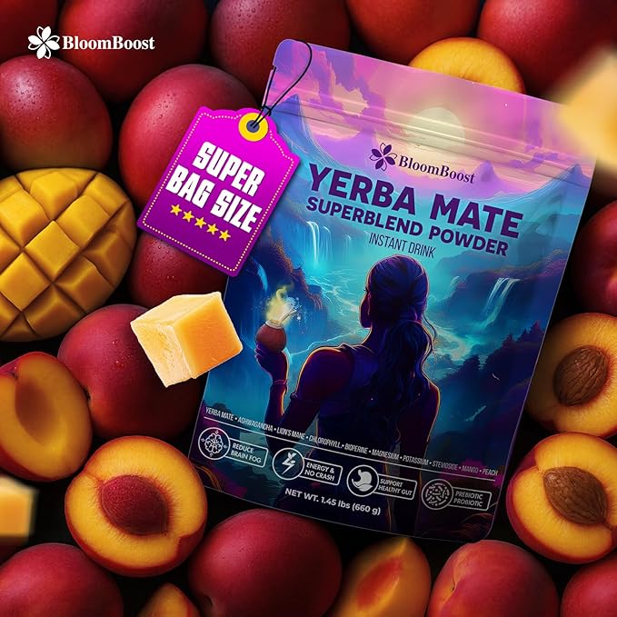 Big Size – Yerba Mate Instant Tea Powder – Yerba Mate, Ashwagandha, Lion’s Mane, Chlorophyll, Peach Mango Flavor – 1.45 lbs (60 Servings) – Sugar-Free, Gluten-Free, Superfood Energy & Focus Blend