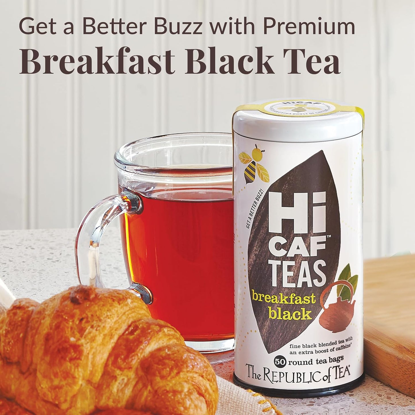 The Republic of Tea HiCAF Breakfast Black Tea, High Caffeine, 50 Count | A bold cup for morning or afternoon. Brisk and full-bodied with notes of roasted root. Gluten Free and Carb Free.