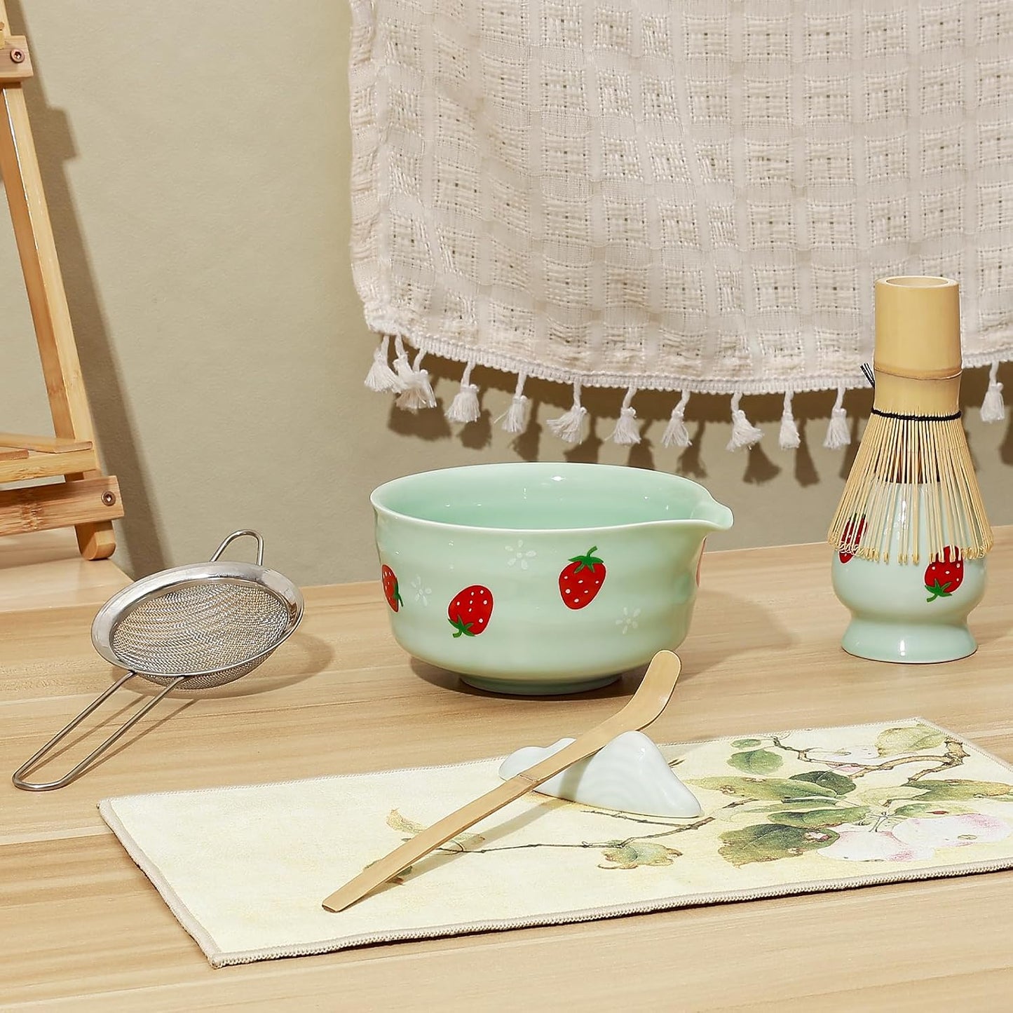 Koythin 7-Piece Blue-Green Strawberry Matcha Ceramic Tool Set | Full Matcha Preparation Set, Multi-Piece Matching Decor; Perfect Tea Lover Gift