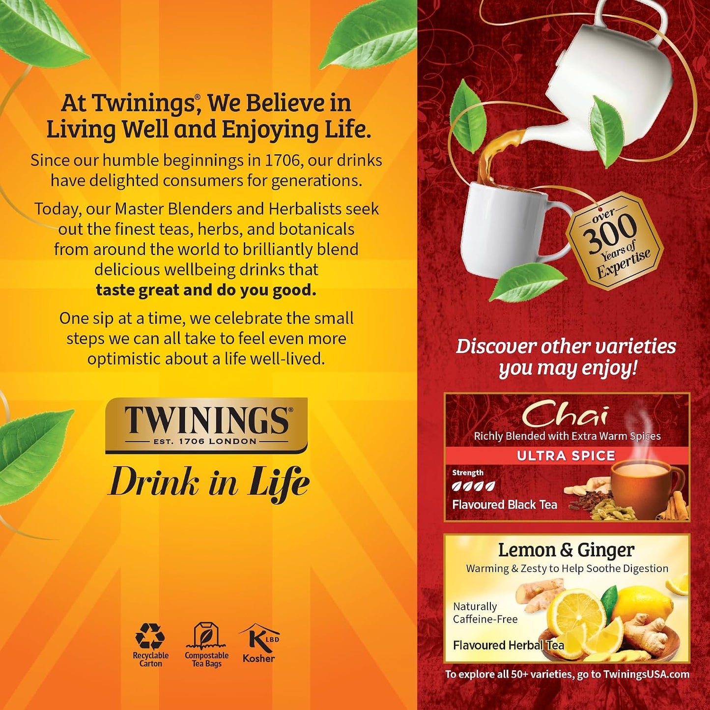 Twinings Chai Spiced Black Tea Bags, 25 CT Box (6 Pack) | Sweet &amp; Savoury, With Cinnamon, Ginger, Cardamom &amp; Clove, Naturally Caffeinated, 150 Foil Lined Individually Wrapped Bags