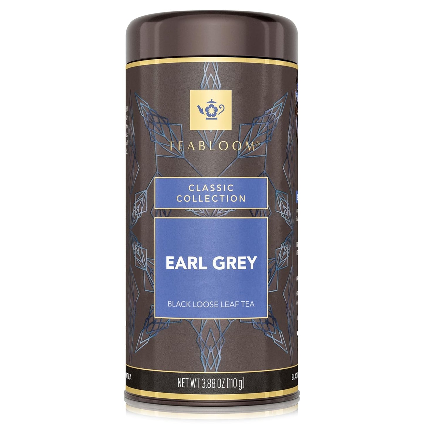 Teabloom Kosher Certified Earl Grey Loose Leaf Tea, Classic Assam Tea With Blue Cornflower Petals, 3.88 Ounce Canister Makes 35-50 Cups