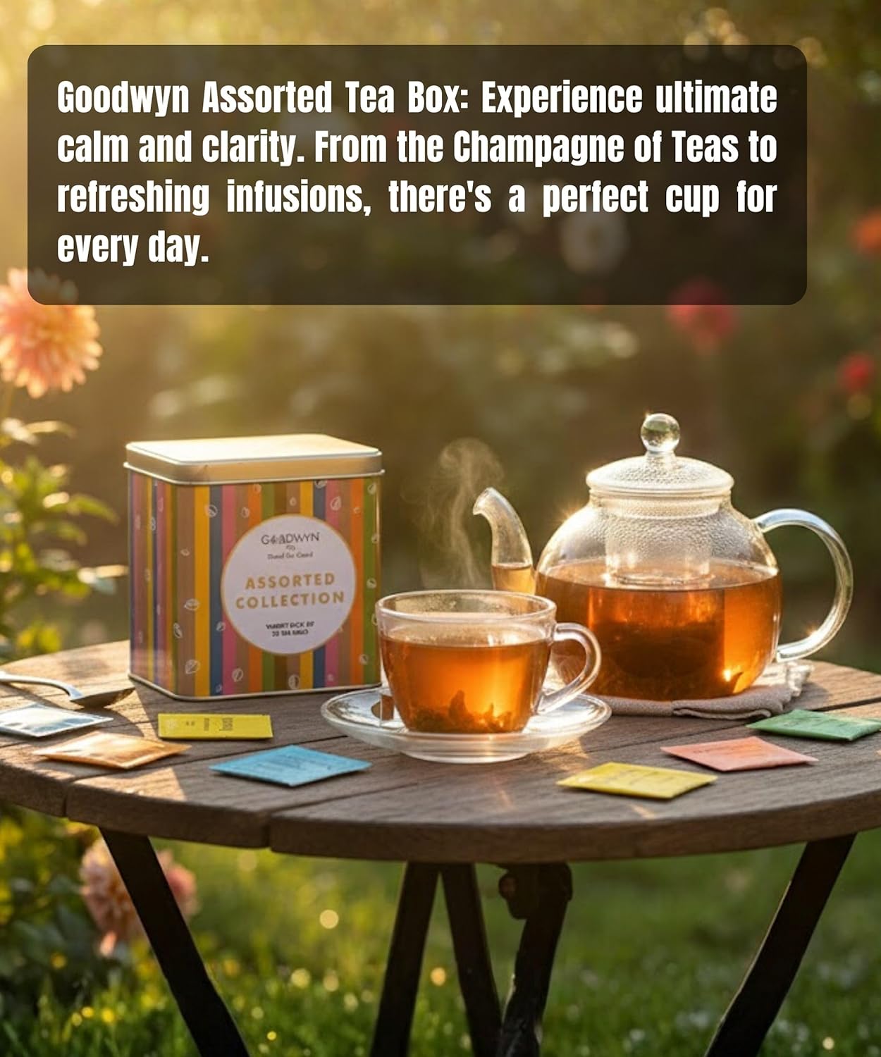Goodwyn Assorted Tea Sampler Box – 20 Individually Wrapped Tea Bags | Premium Herbal, Black & Green Tea Collection in Reusable Wooden Chest | 10 Flavors x 2 Each: Tulsi, Kahwa, Turmeric, Assam, Green Tea, Lemon & More | Ideal Gift Set Box