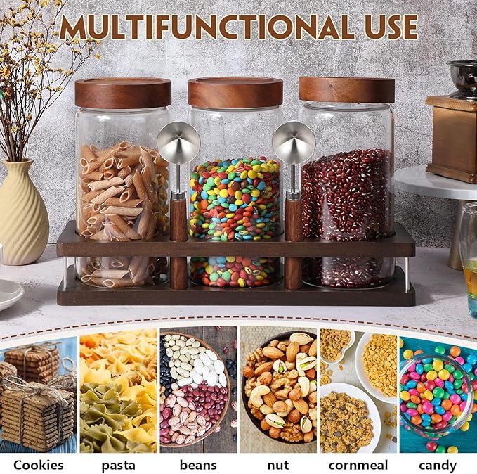 Suclain 3 Pcs Glass Coffee Grounds Container with Shelf 44 oz Glass Coffee Canisters with Airtight Lid and Measuring Spoon Kitchen Food Canister Jars