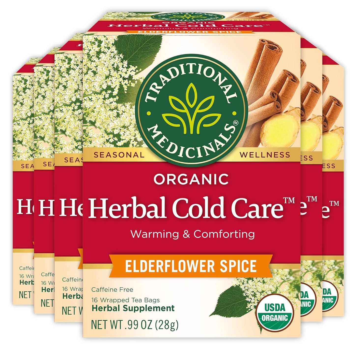 Traditional Medicinals Tea, Herbal Cold Care Seasonal Tea with Elderflower Spice, Kosher, Non-GMO, Caffeine-Free, Compostable - 96 Tea Bags (6 Pack)