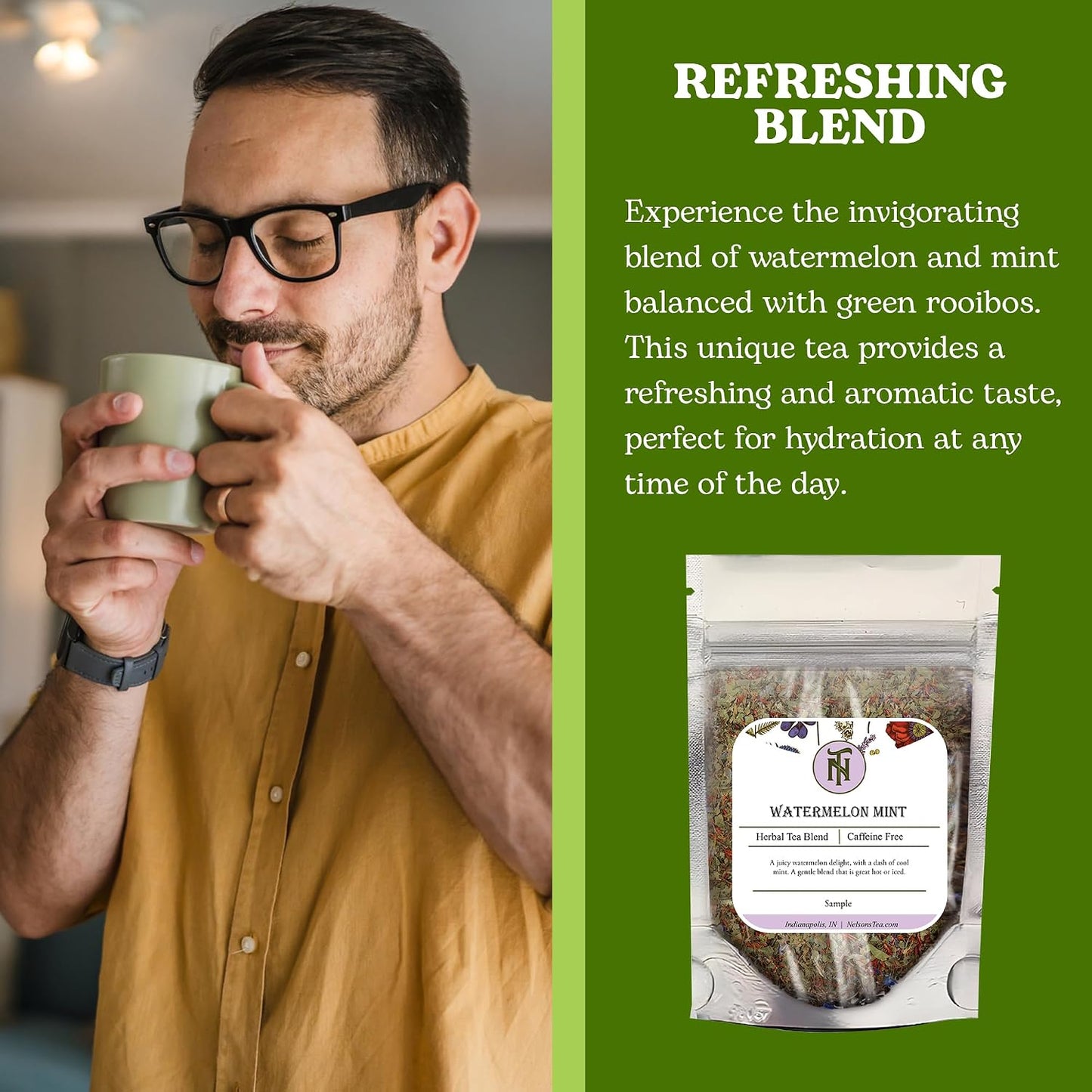 Nelson's Tea Watermelon Mint Green Rooibos Loose Leaf Tea, Sample 0.4 Oz | Echinacea • Caffeine Free • Tea • Rooibos • Caffeine Free Loose Leaf Tea • Watermelon • Mint