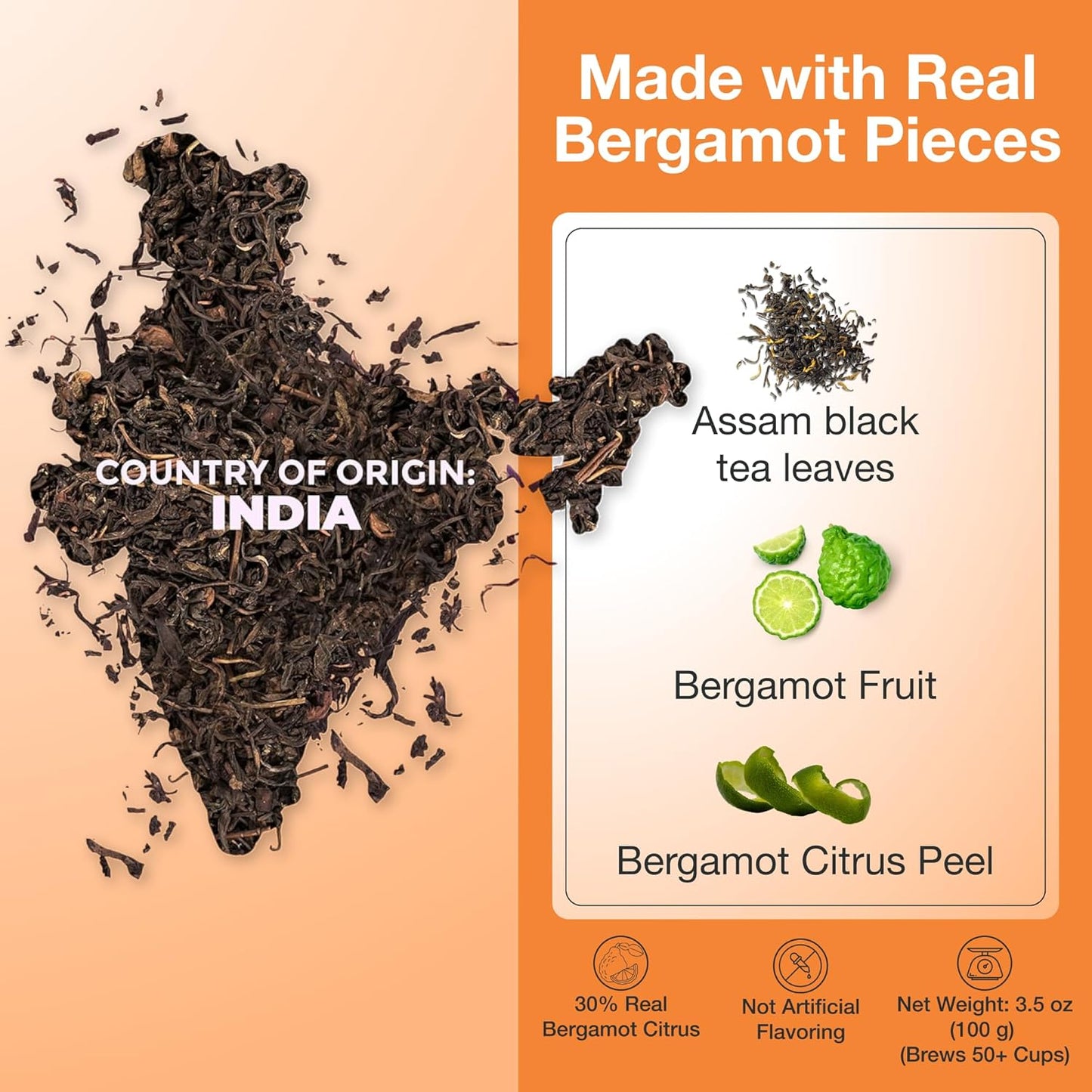 Bergamot Earl Grey Tea Loose Leaf | Made with Extra Whole Bergamot Pieces (Not Oil), Premium Assam Black Tea, Bold Citrus Flavor, Non-GMO, No Artificial Ingredients | 8.8 oz
