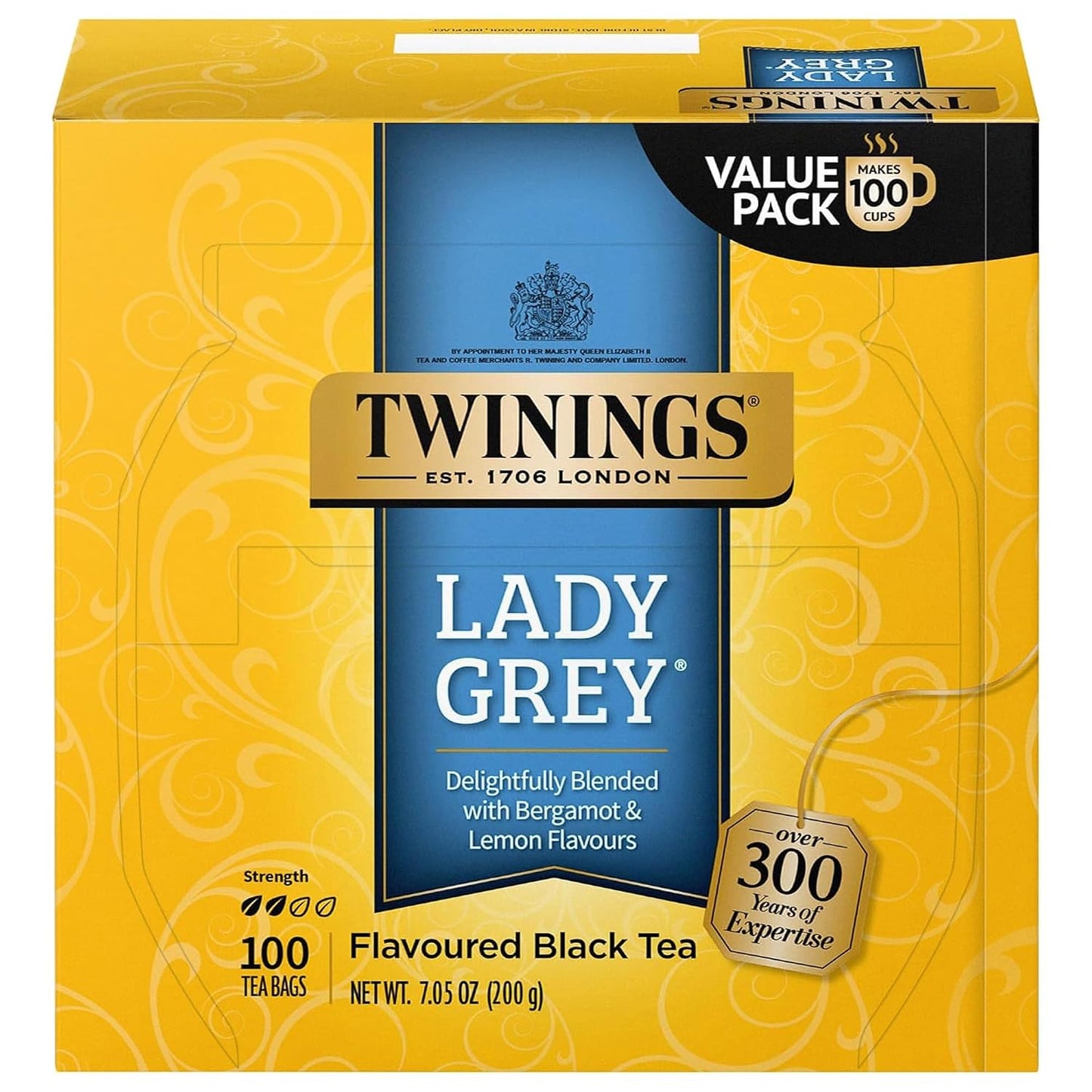 Twinings Lady Grey Black Citrus Tea Bags, 100 CT Box (1 Pack) | A Hint of Bergamot, Orange &amp; Lemon Peel, Citrusy, Naturally Caffeinated, 100 Foil Lined Individually Wrapped Bags, Hot/ Iced