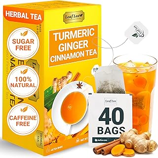 LeafLea 40 Turmeric Ginger Cinnamon Tea Bags, 100% Natural Ingredients Herbal Tea, Turmeric Ginger Herbal Blend for Wellness, Vegan, No Sugar, Caffeine-Free, Individually Wrapped for Freshness
