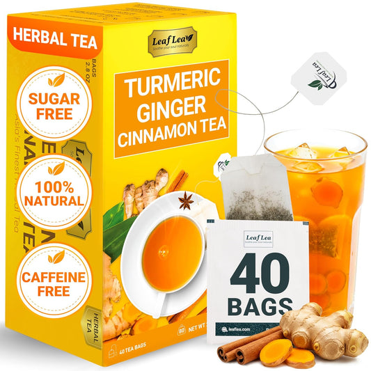 LeafLea Turmeric Ginger Cinnamon Tea Bags, 40 Ct Caffeine-Free Herbal Tea | Individually Foil-Wrapped for Freshness, 100% Natural Blend, No Sugar, Vegan, Non-GMO, Warming Golden Cup for Wellness