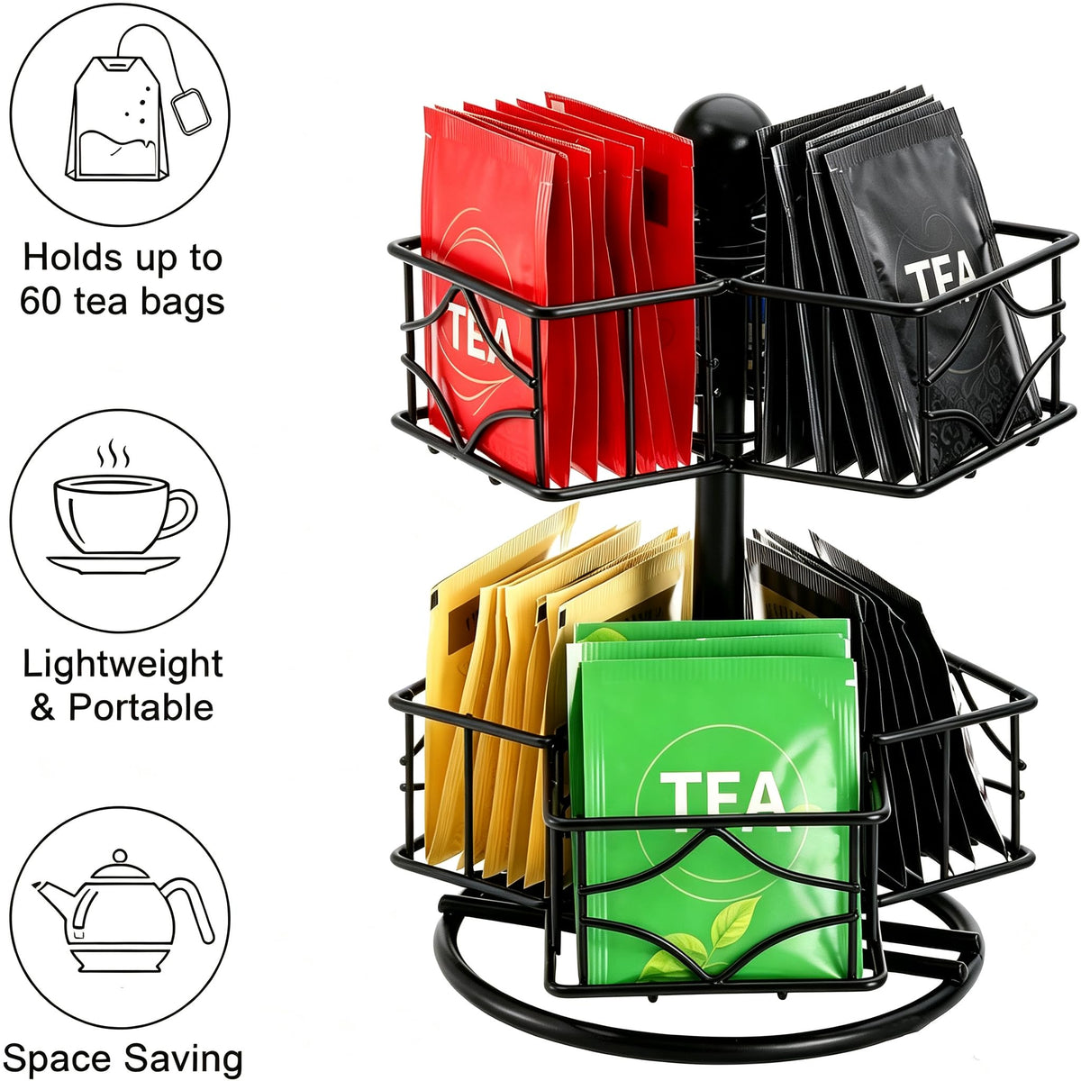 Frcctre Tea Bag Organizer, 360 Degree Tea Bag Spining Carousel Organizer with 6 Compartments, Lazy Susan Sugar Coffee Creamer
