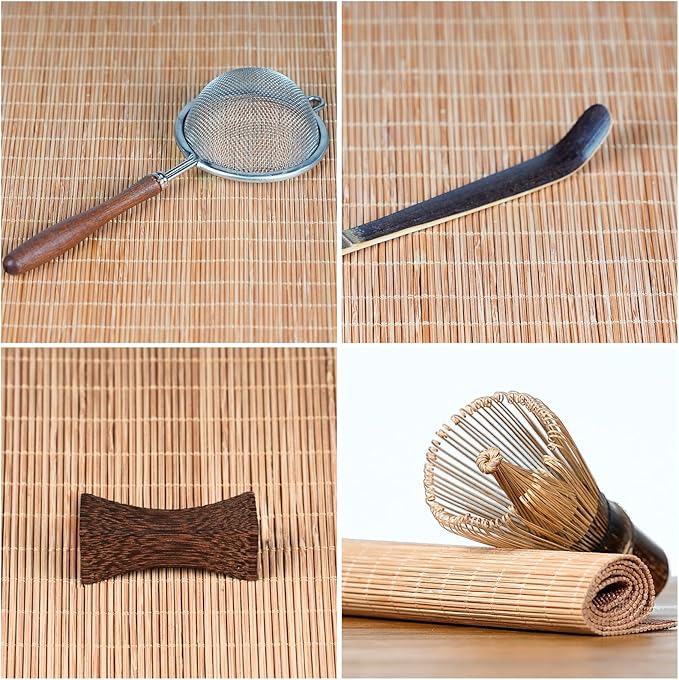 7-Piece Matcha Set with Ceramic Matcha Bowl, Bamboo Whisk (Chasen) & Holder, Sifter, Tea Scoop & Rest, Special Bamboo Tea Mat