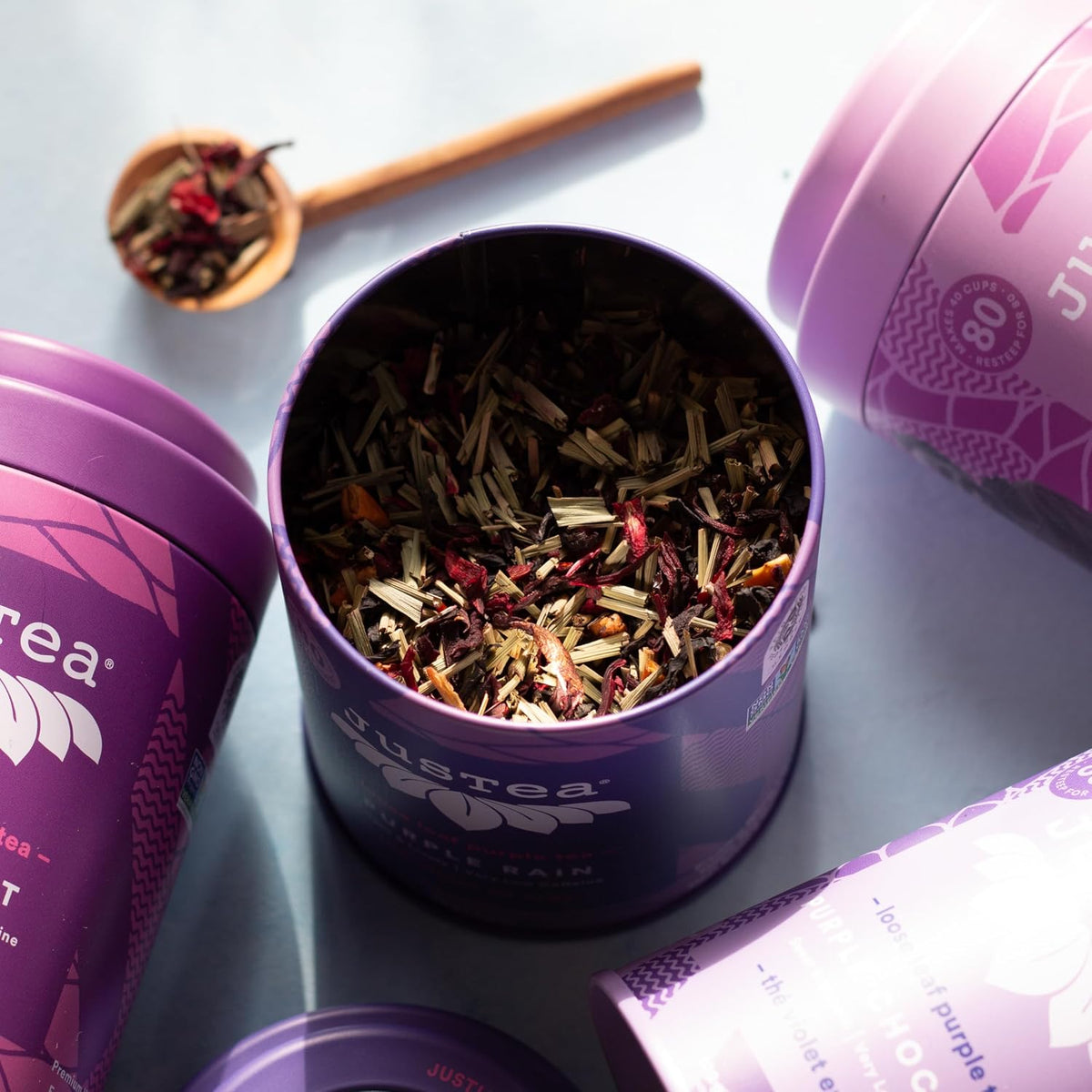 JusTea PURPLE RAIN Loose Purple Tea, 40+ Cups Tin with Spoon, 1/5 Caffeine