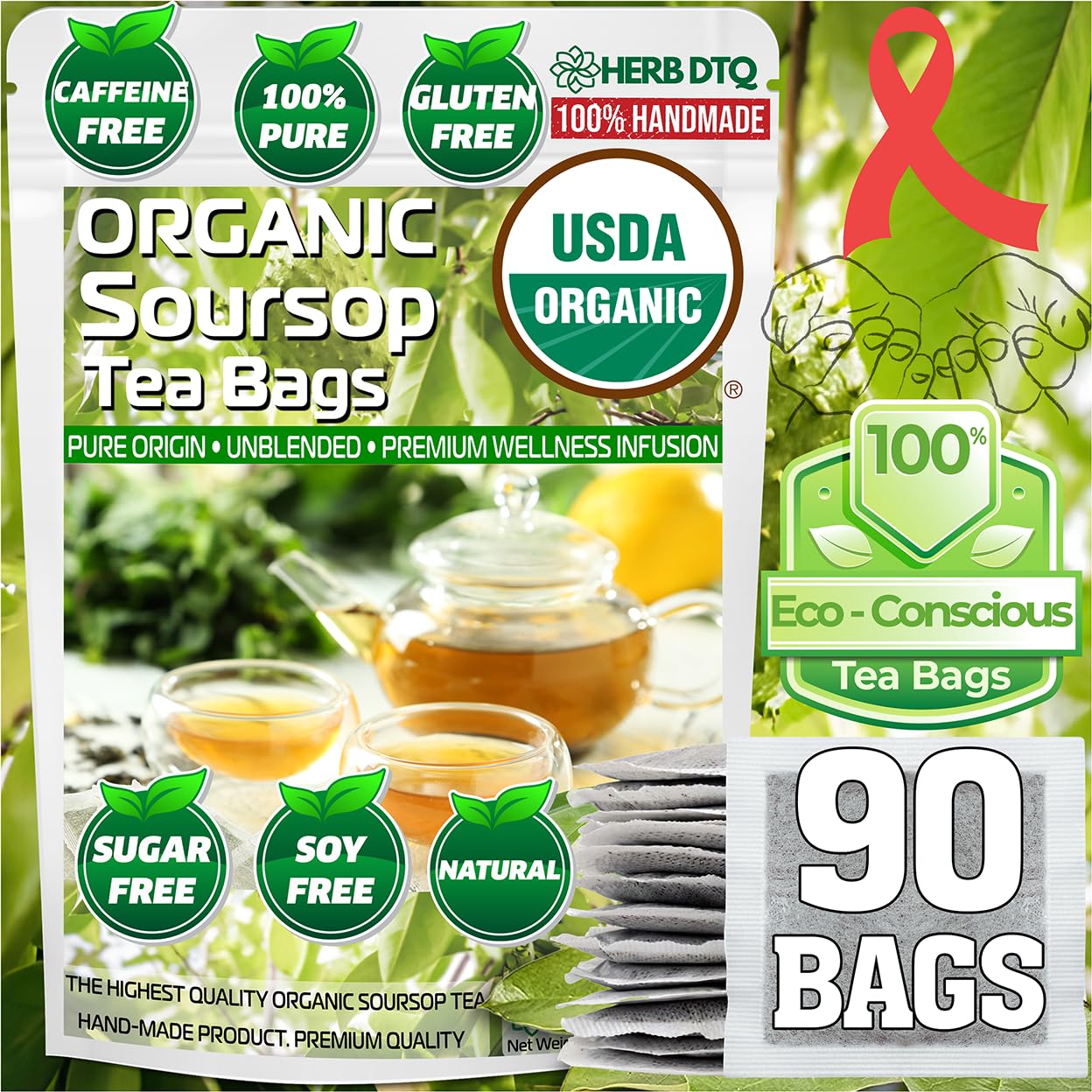 HERB DTQ USDA 100% Organic Soursop Graviola Leaf Tea Bags, Non-GMO, 90 Ct