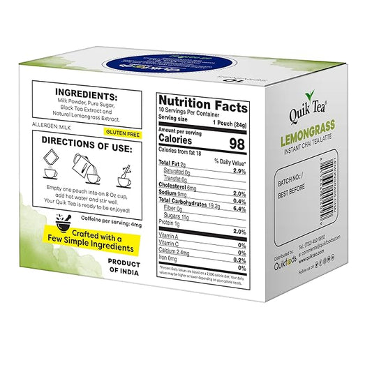 QuikTea Lemongrass Chai Tea Latte – 10 Count, Instant Herbal Blend with Natural Ingredients, Preservative-Free – Just Add Hot Water