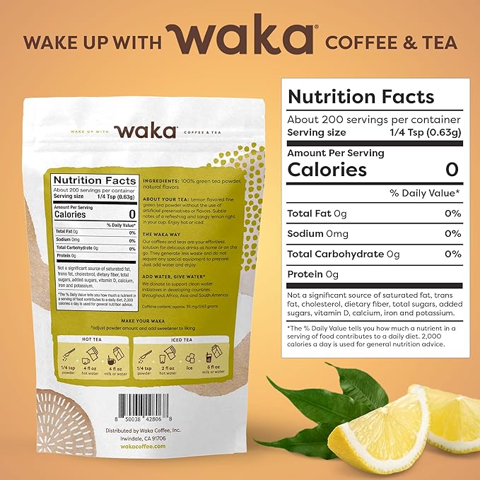 Waka Instant Green Tea Mix, Lemon Flavored - 100% Tea Leaves, No Additives, Unsweetened Tea Powder in Bulk Pouch – Easy Quick Hot and Iced Teas, Up to 200 Cups (4.5oz)