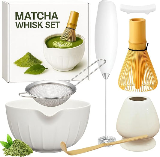 Matcha Whisk Set with Matcha Bowl - Matcha Set Included Electric Frother, Bamboo Whisk, Matcha Spoon, Bamboo Holder, Sifter, Spoon Stand (Simple White)