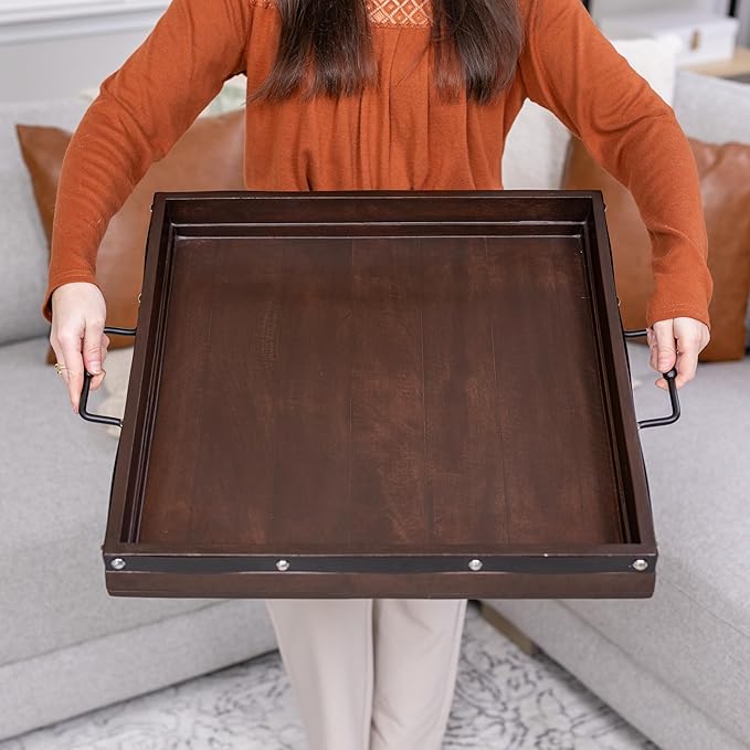 20"x20" Extra Large Square Ottoman Tray, Heavy Duty Mango Wood, for Serving Tea, Breakfast in Bed